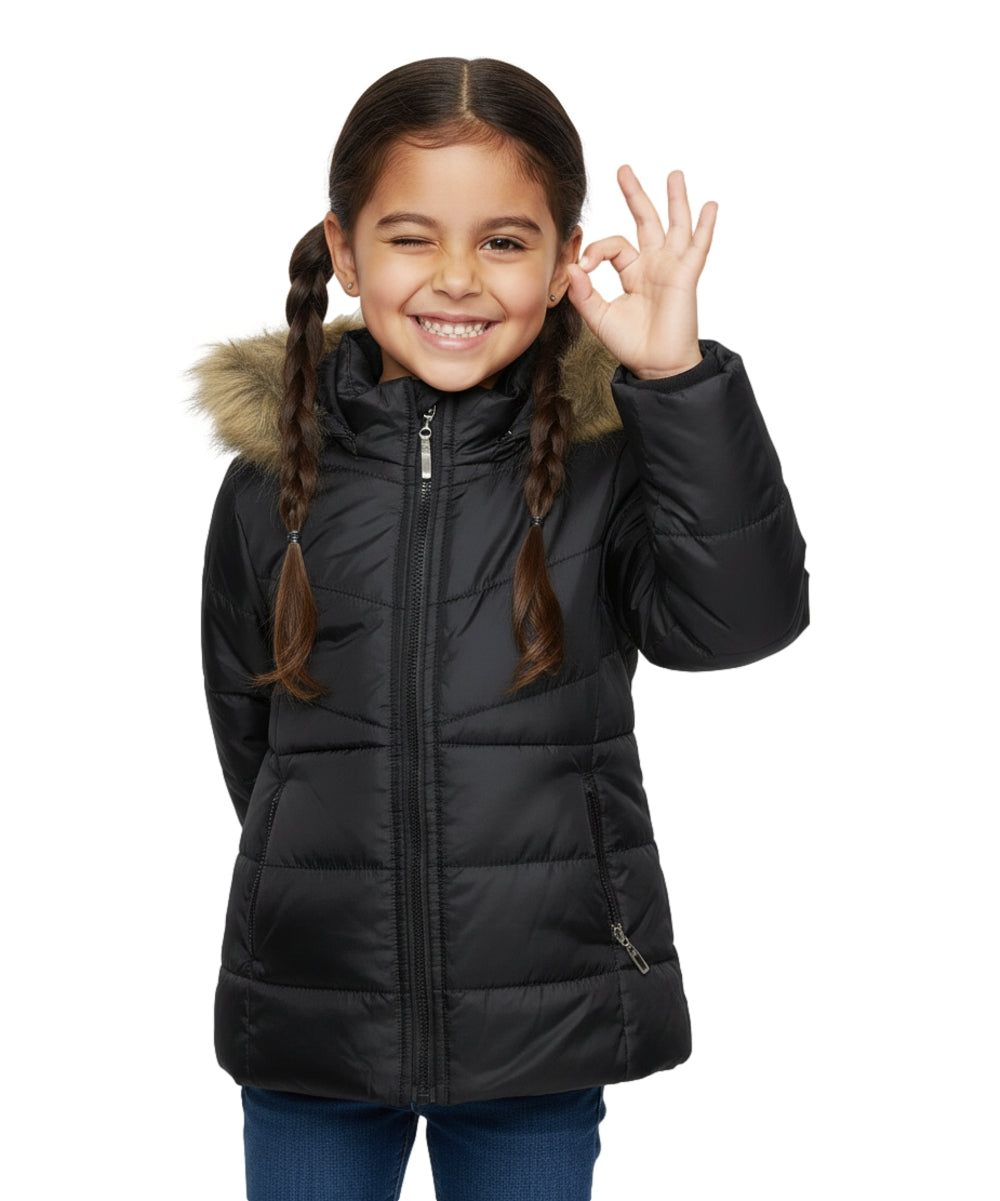 Girl Zipper Faux Fur Hooded Puffer Jacket - Black (2-4) $12.50 and (S-XL) $13.50 Per Piece