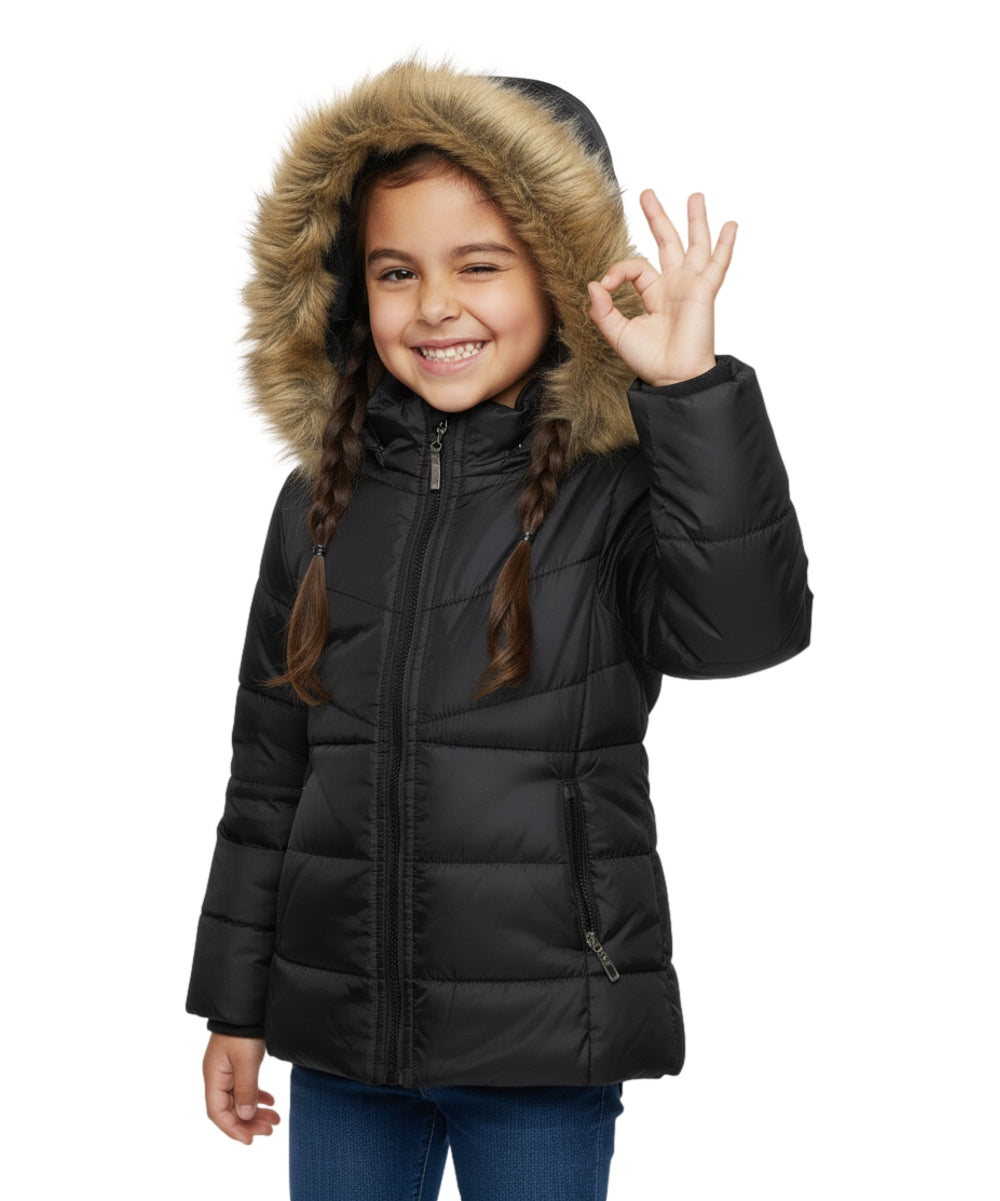 Girl Zipper Faux Fur Hooded Puffer Jacket - Black (2-4) $12.50 and (S-XL) $13.50 Per Piece