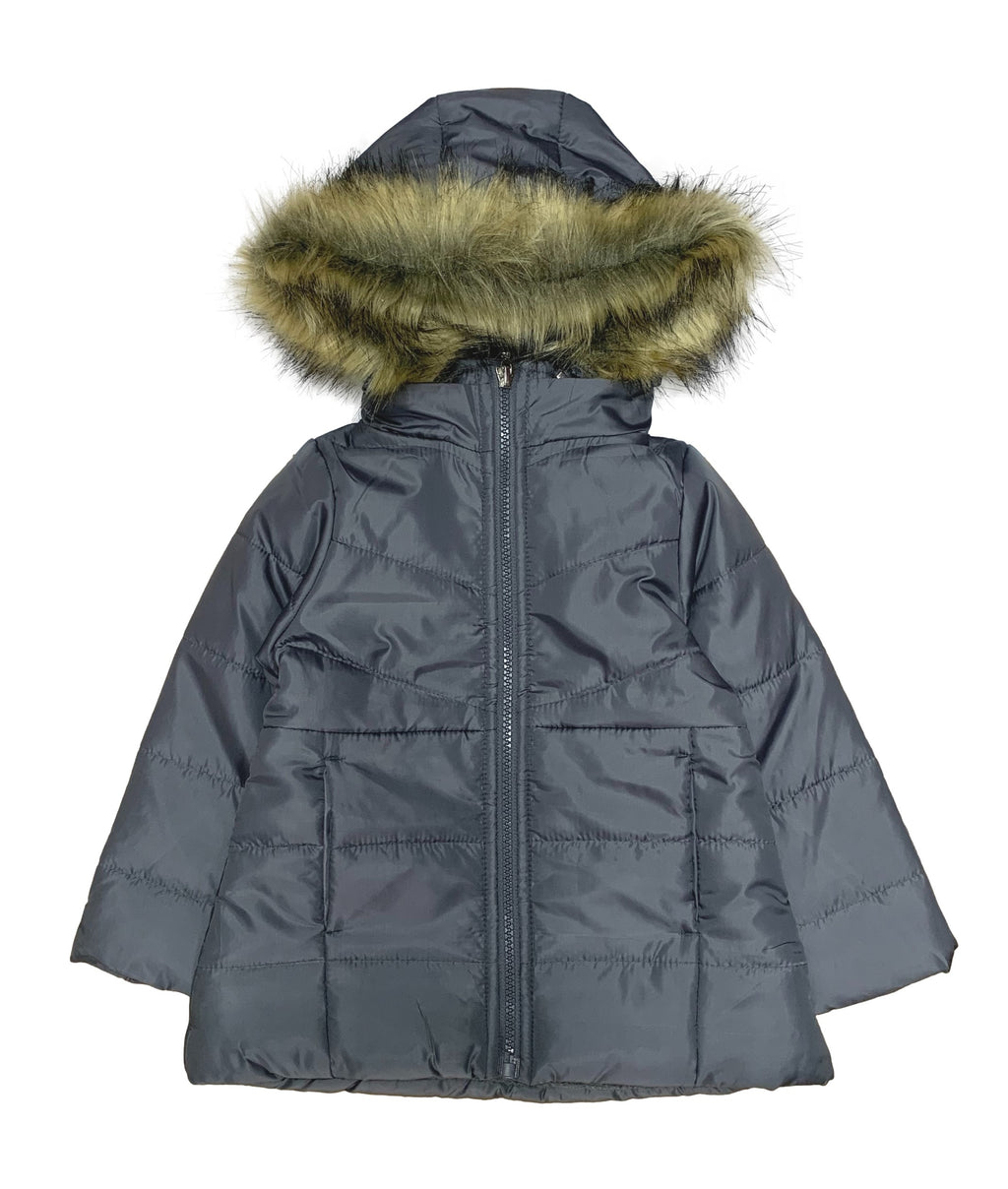 Girl Zipper Faux Fur Hooded Puffer Jacket - D. Grey (2-4) $12.50 and (S-XL) $13.50 Per Piece