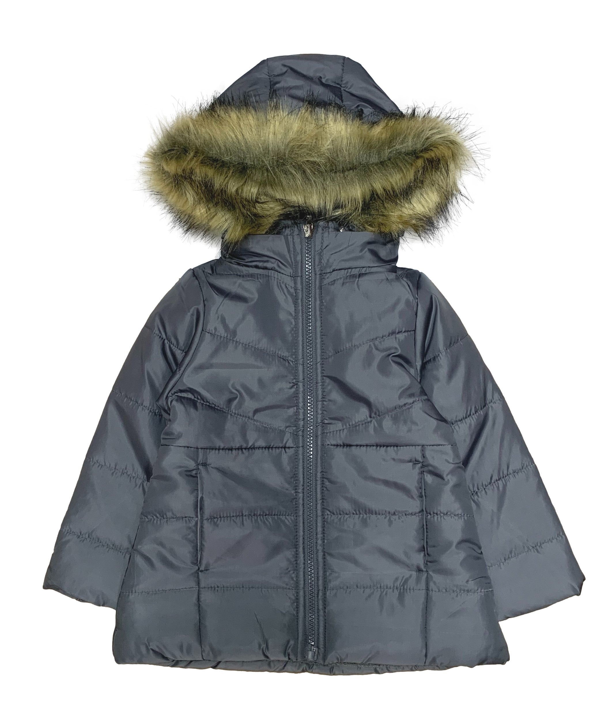 Girl Zipper Faux Fur Hooded Puffer Jacket - D. Grey (2-4) $12.50 and (S-XL) $13.50 Per Piece