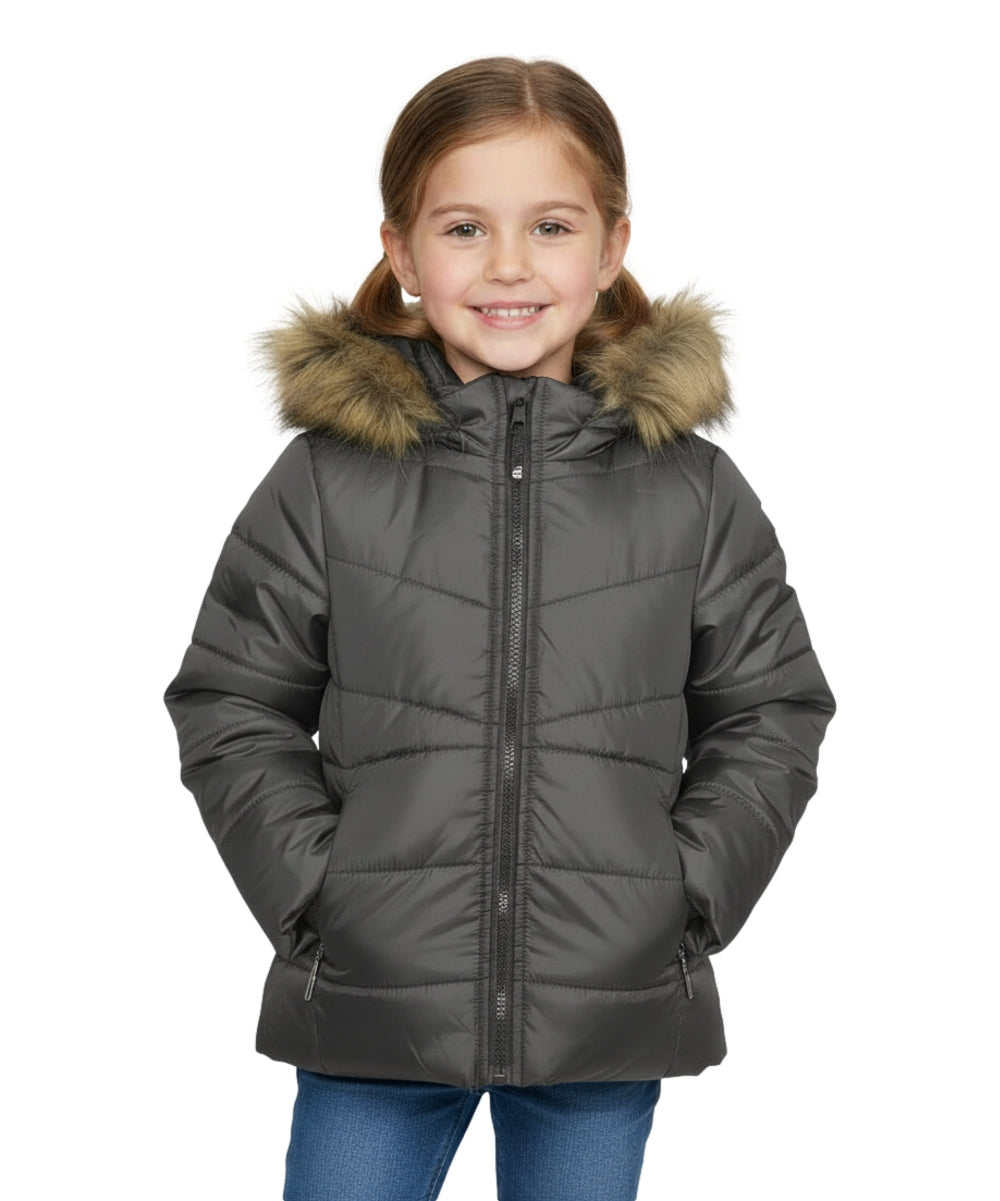 Girl Zipper Faux Fur Hooded Puffer Jacket - D. Grey (2-4) $12.50 and (S-XL) $13.50 Per Piece
