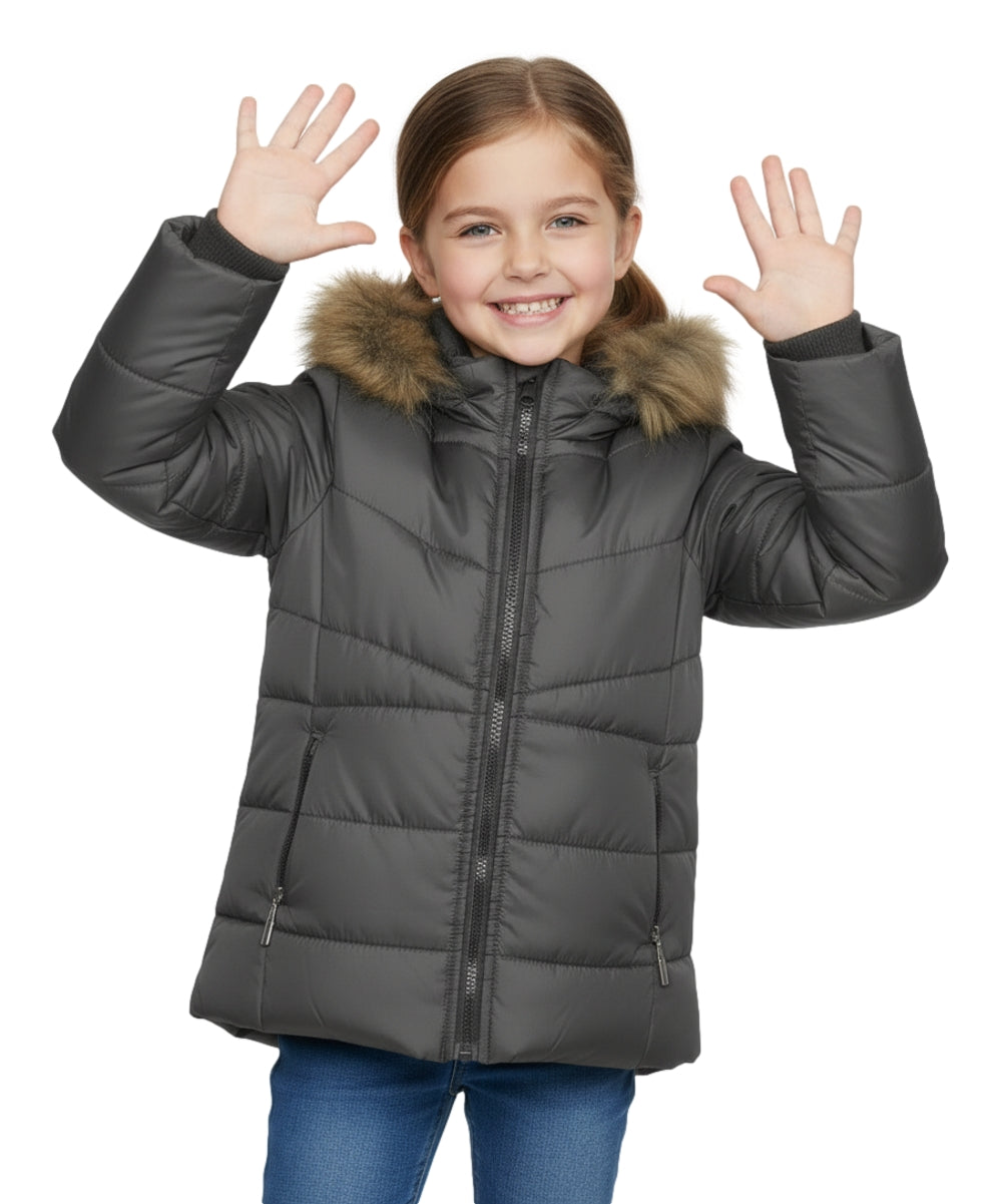 Girl Zipper Faux Fur Hooded Puffer Jacket - D. Grey (2-4) $12.50 and (S-XL) $13.50 Per Piece