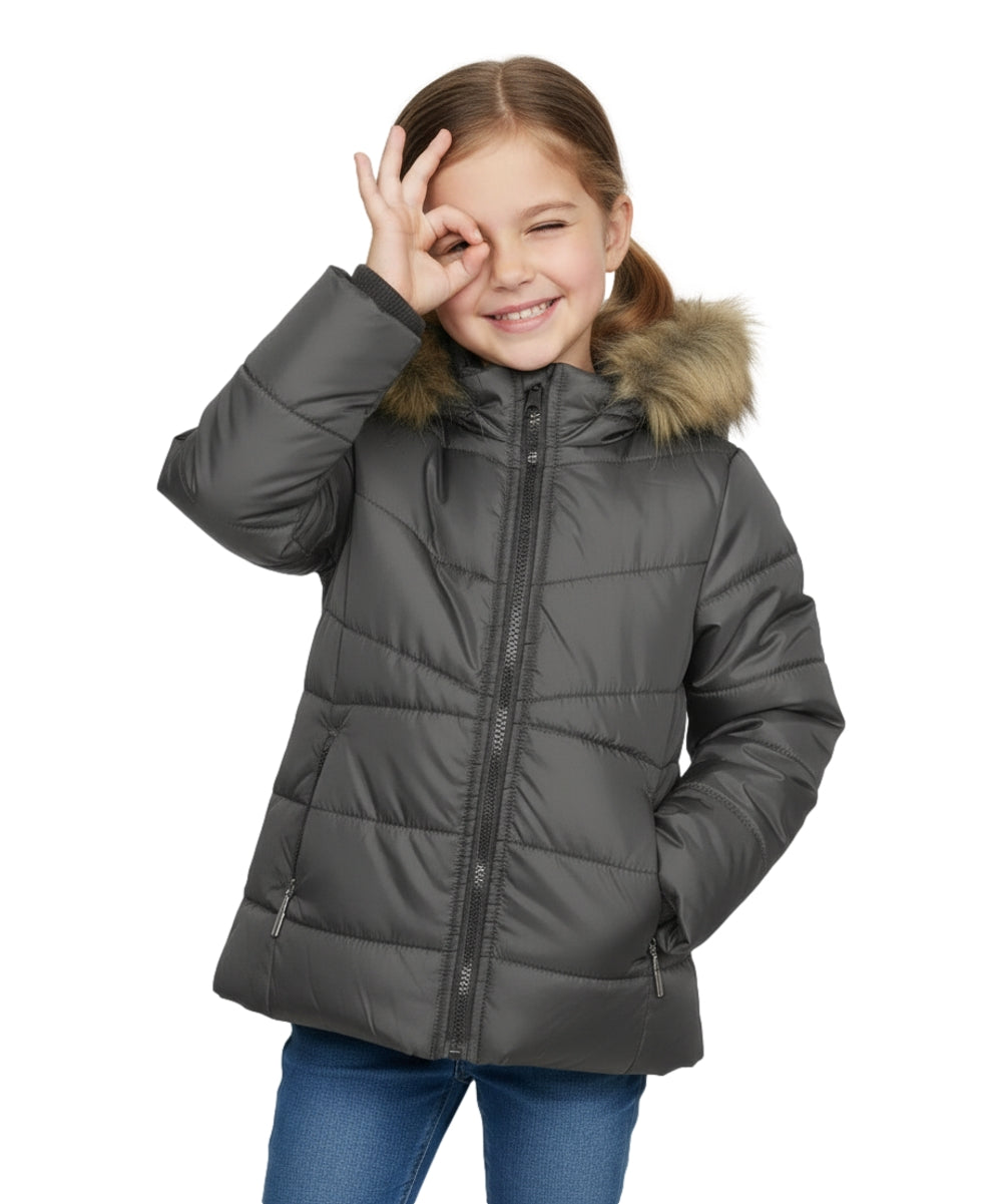 Girl Zipper Faux Fur Hooded Puffer Jacket - D. Grey (2-4) $12.50 and (S-XL) $13.50 Per Piece