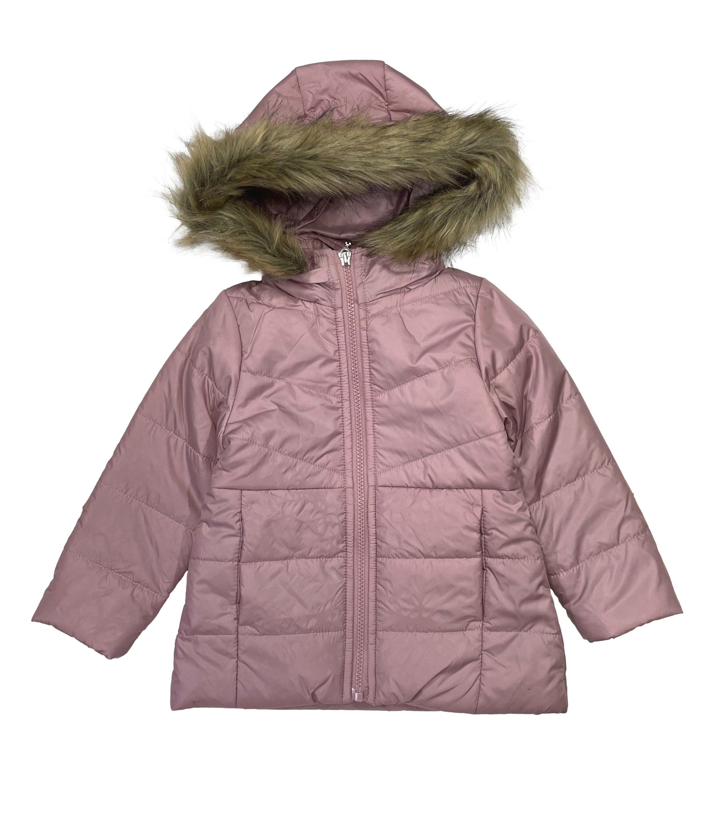 Girl Zipper Faux Fur Hooded Puffer Jacket - Mauve (2-4) $12.50 and (S-XL) $13.50 Per Piece