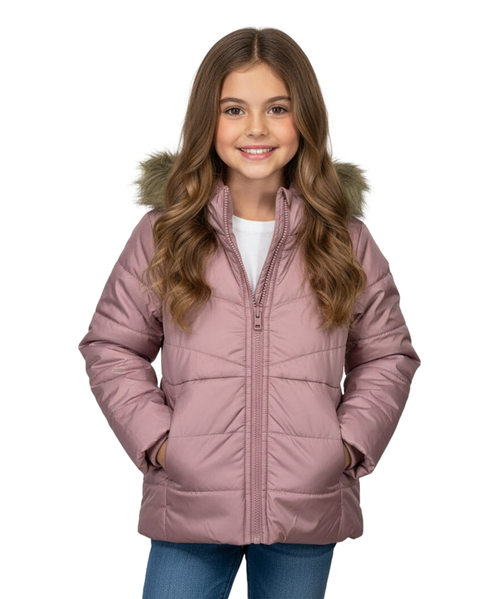Girl Zipper Faux Fur Hooded Puffer Jacket - Mauve (2-4) $12.50 and (S-XL) $13.50 Per Piece