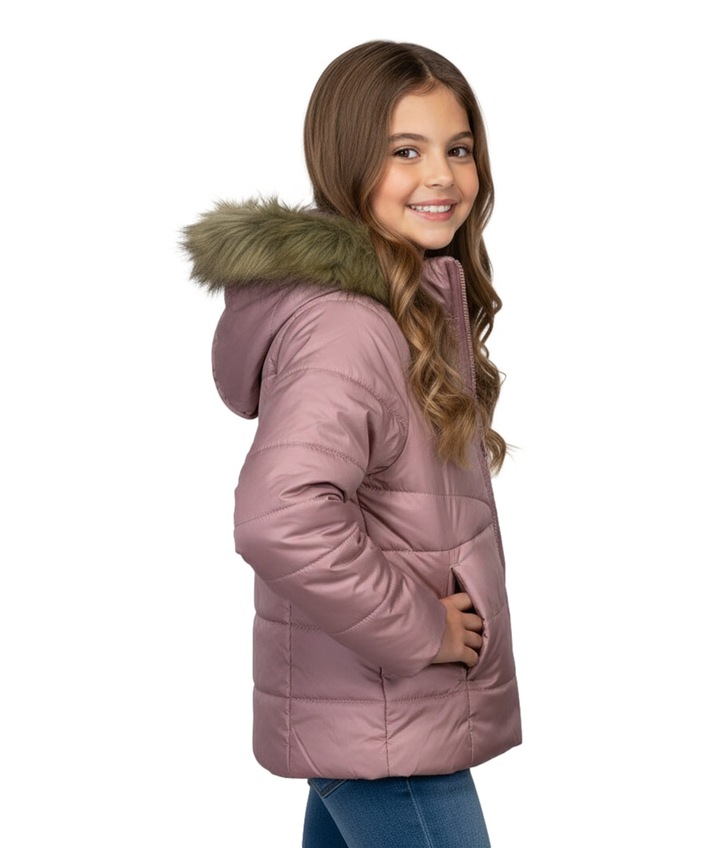 Girl Zipper Faux Fur Hooded Puffer Jacket - Mauve (2-4) $12.50 and (S-XL) $13.50 Per Piece