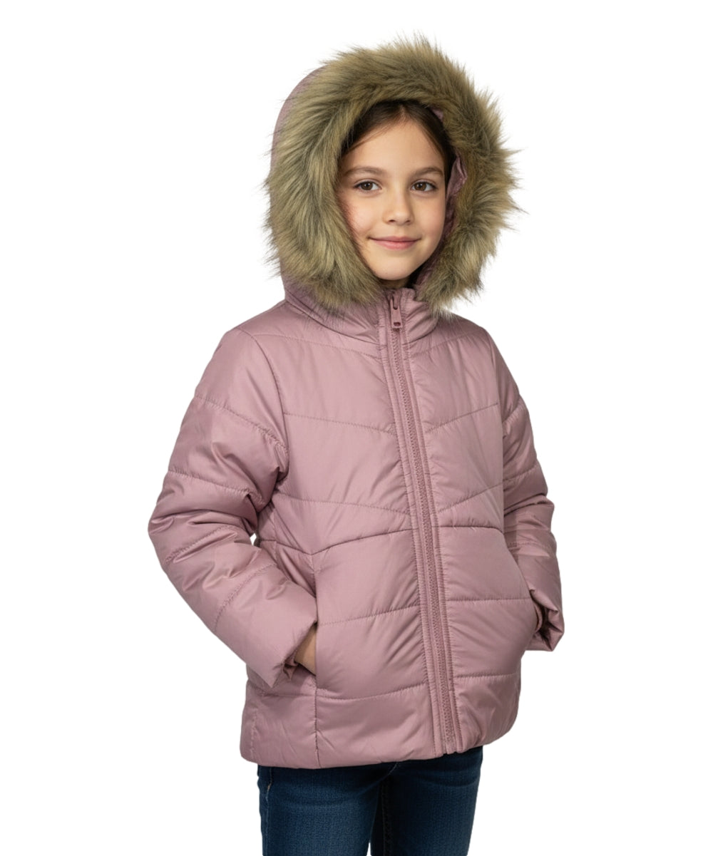 Girl Zipper Faux Fur Hooded Puffer Jacket - Mauve (2-4) $12.50 and (S-XL) $13.50 Per Piece