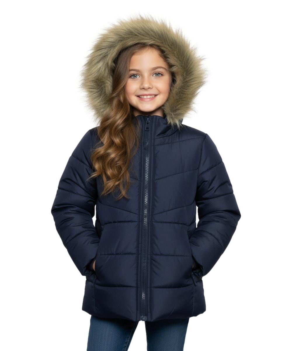 Girl Zipper Faux Fur Hooded Puffer Jacket - Navy (2-4) $12.50 and (S-XL) $13.50 Per Piece