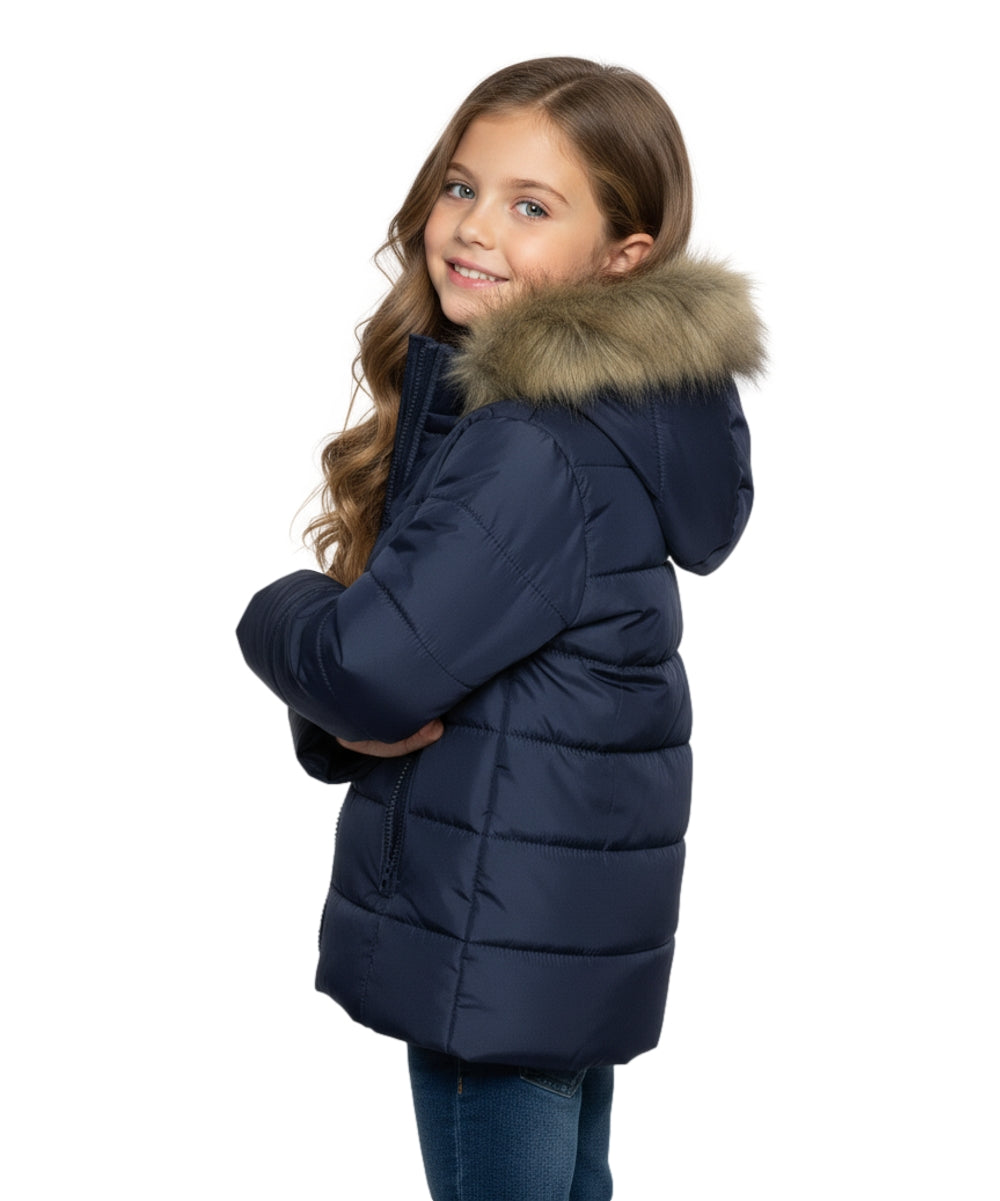 Girl Zipper Faux Fur Hooded Puffer Jacket - Navy (2-4) $12.50 and (S-XL) $13.50 Per Piece
