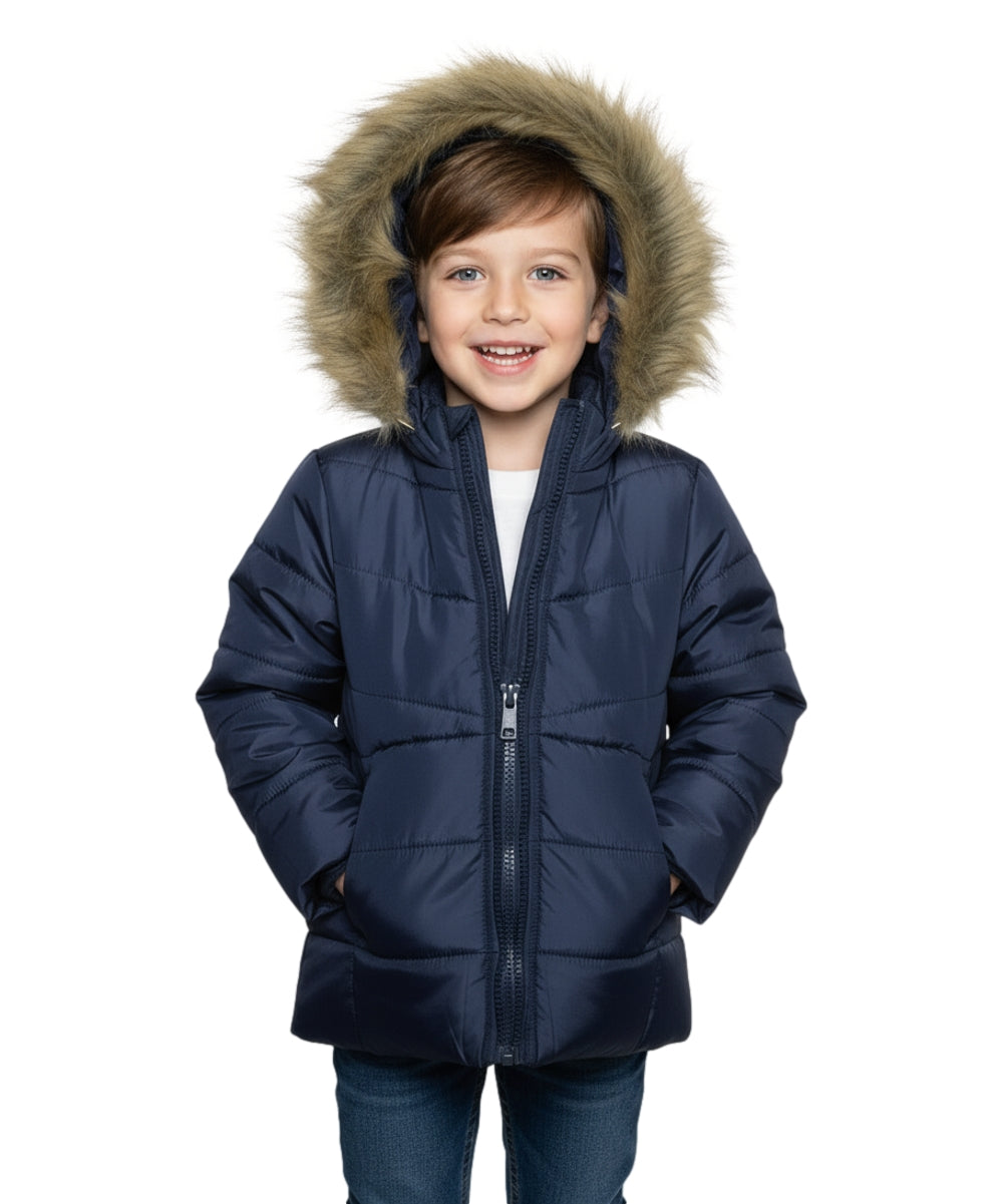 Girl Zipper Faux Fur Hooded Puffer Jacket - Navy (2-4) $12.50 and (S-XL) $13.50 Per Piece