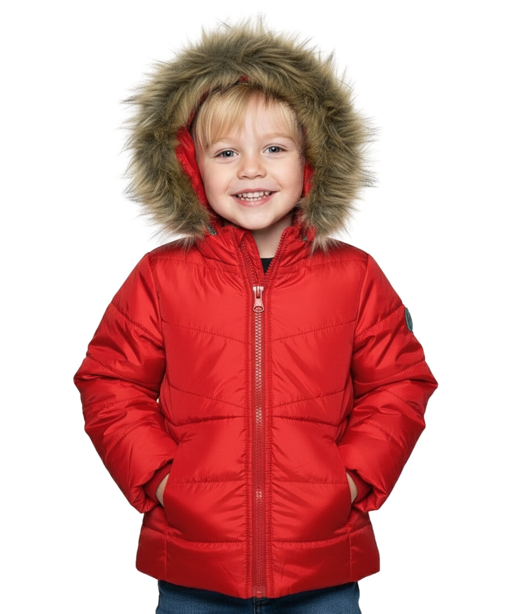 Girl Zipper Faux Fur Hooded Puffer Jacket - Red (2-4) $12.50 and (S-XL) $13.50 Per Piece
