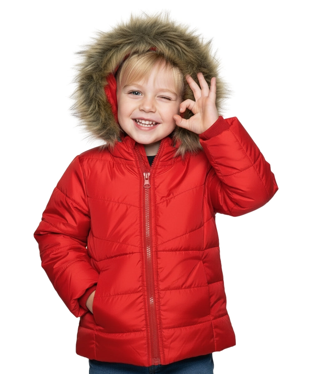 Girl Zipper Faux Fur Hooded Puffer Jacket - Red (2-4) $12.50 and (S-XL) $13.50 Per Piece