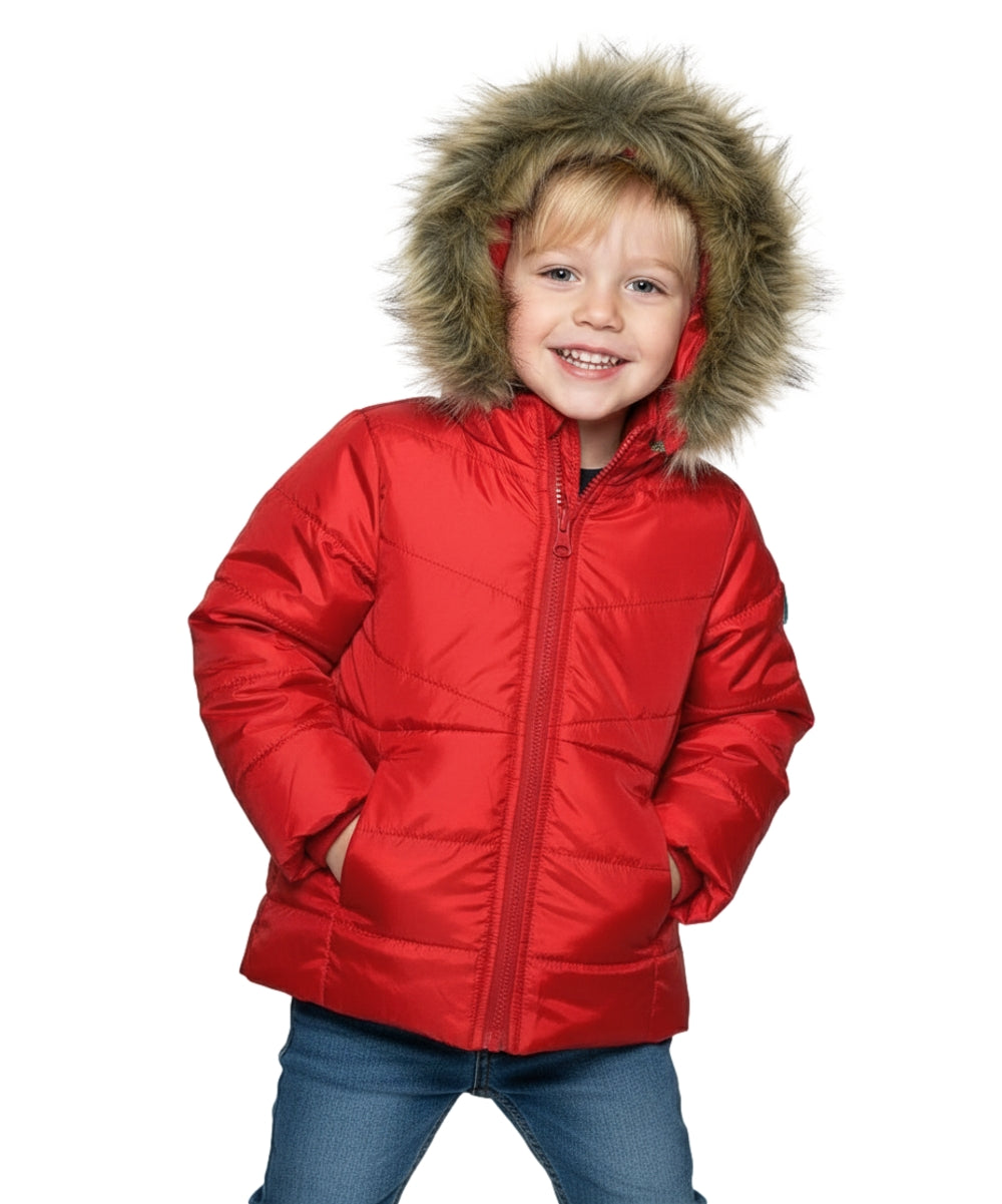 Girl Zipper Faux Fur Hooded Puffer Jacket - Red (2-4) $12.50 and (S-XL) $13.50 Per Piece
