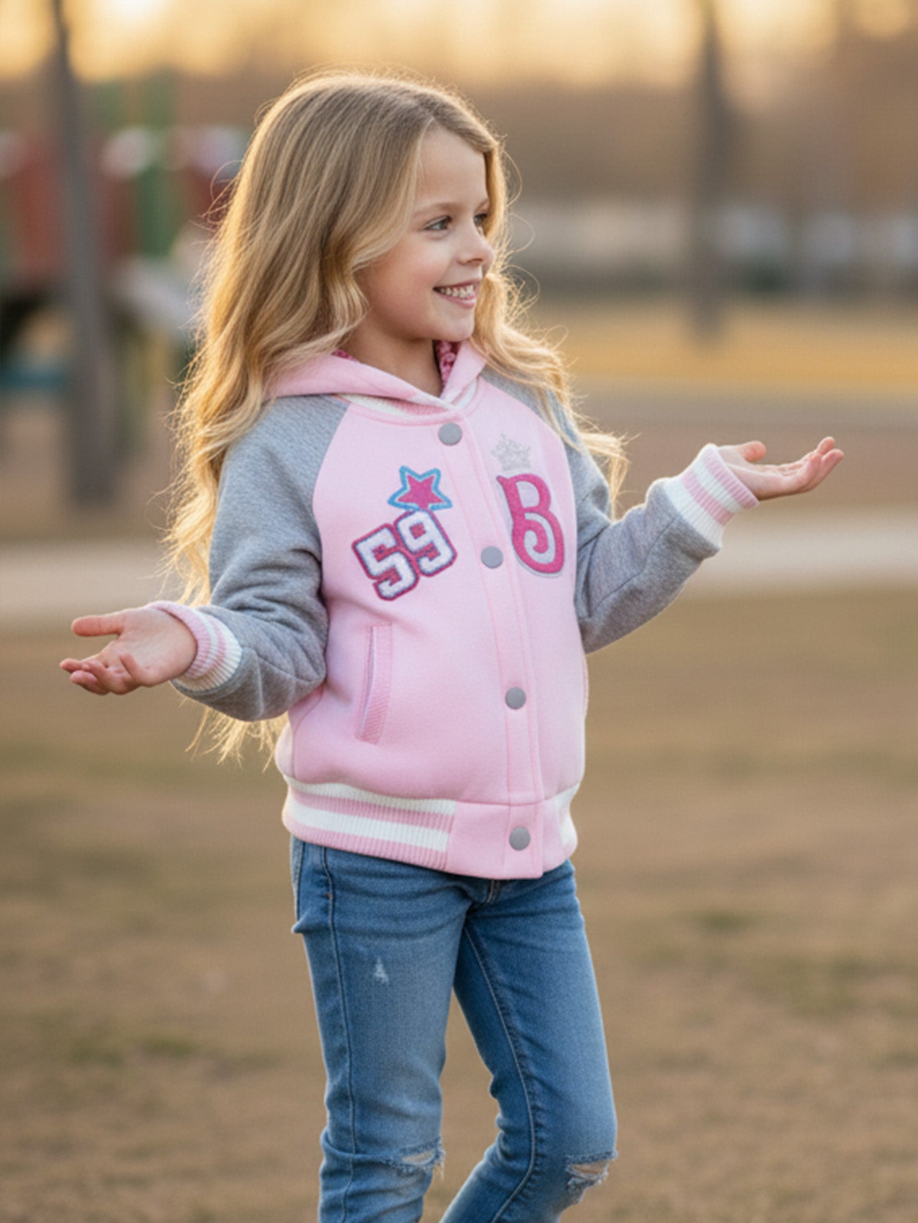 Girls  B Barbie Inspired Varsity Jacket Powder Pink  (2-4) $10 and (S-XL) $11 Per Piece. GJ24118