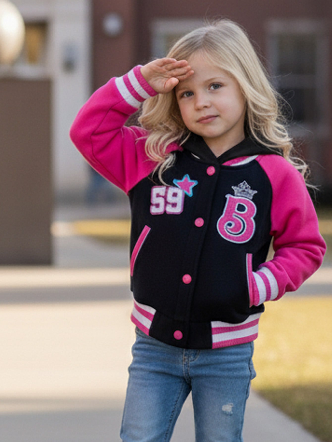 Girls  B Barbie Inspired Varsity Jacket Black  (2-4) $10 and (S-XL) $11 Per Piece. GJ24118