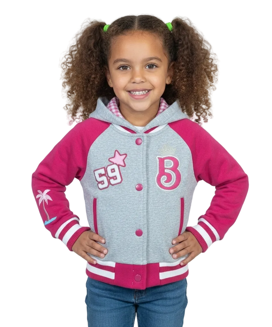 Girls Barbie Inspired Embroidered Varsity Jacket - Fuchsia  (2-4) $10.00 and (S-XL) $11.00 Per Piece. GJ24118