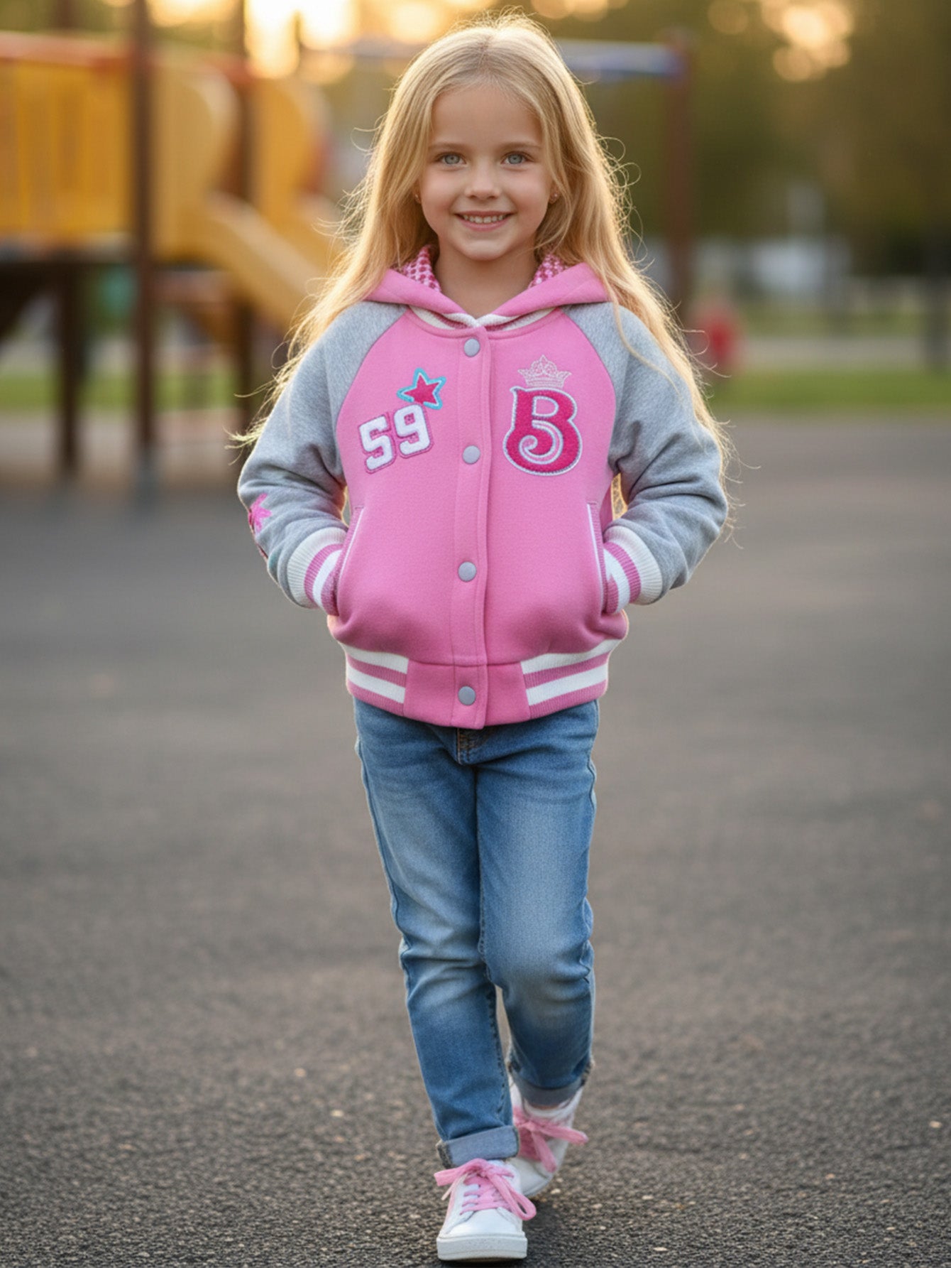 Girls  B Barbie Inspired Varsity Jacket Pink  (2-4) $10 and (S-XL) $11 Per Piece. GJ24118