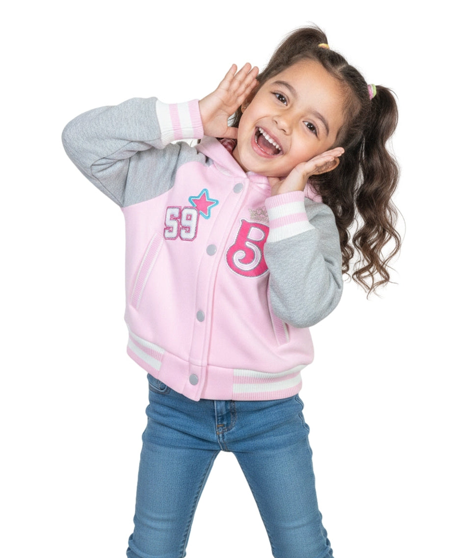 Girls Barbie Inspired Embroidered Varsity Jacket - Powder Pink  (2-4) $10.00 and (S-XL) $11.00 Per Piece. GJ24118