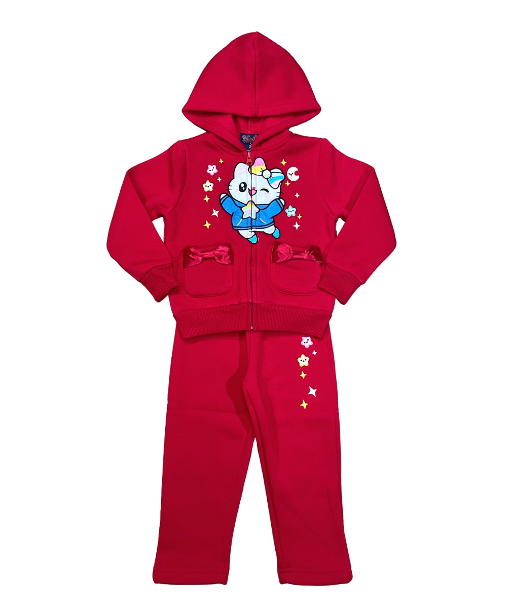 Girl Twinkle Cat Fleece Tracksuit - Red  (12m-24m)$11.00 (2-4)$12.00 (5-8)$13.00  Per Set. GW2640