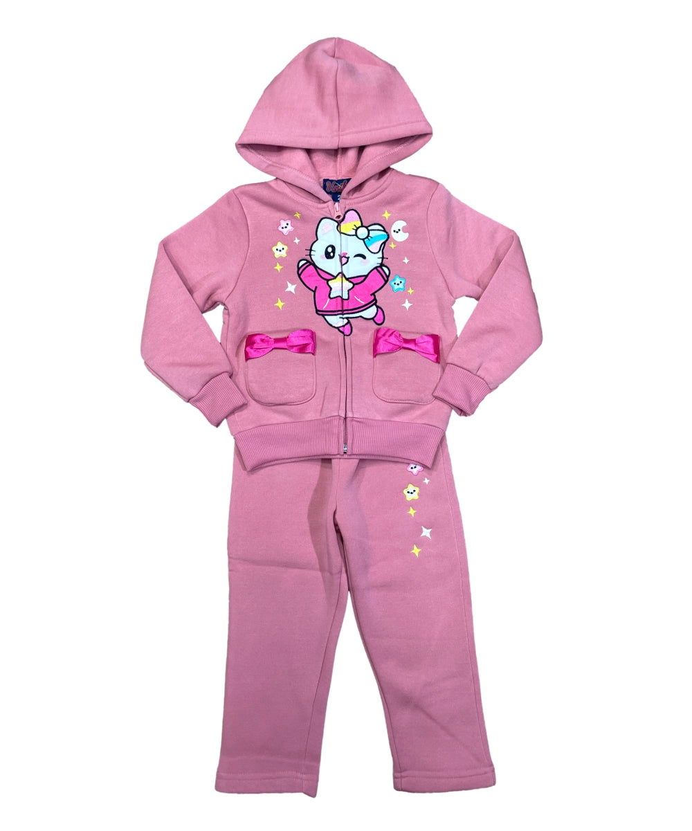 Girl Twinkle Cat Fleece Tracksuit - Rose  (12m-24m)$11.00 (2-4)$12.00 (5-8)$13.00  Per Set. GW2640