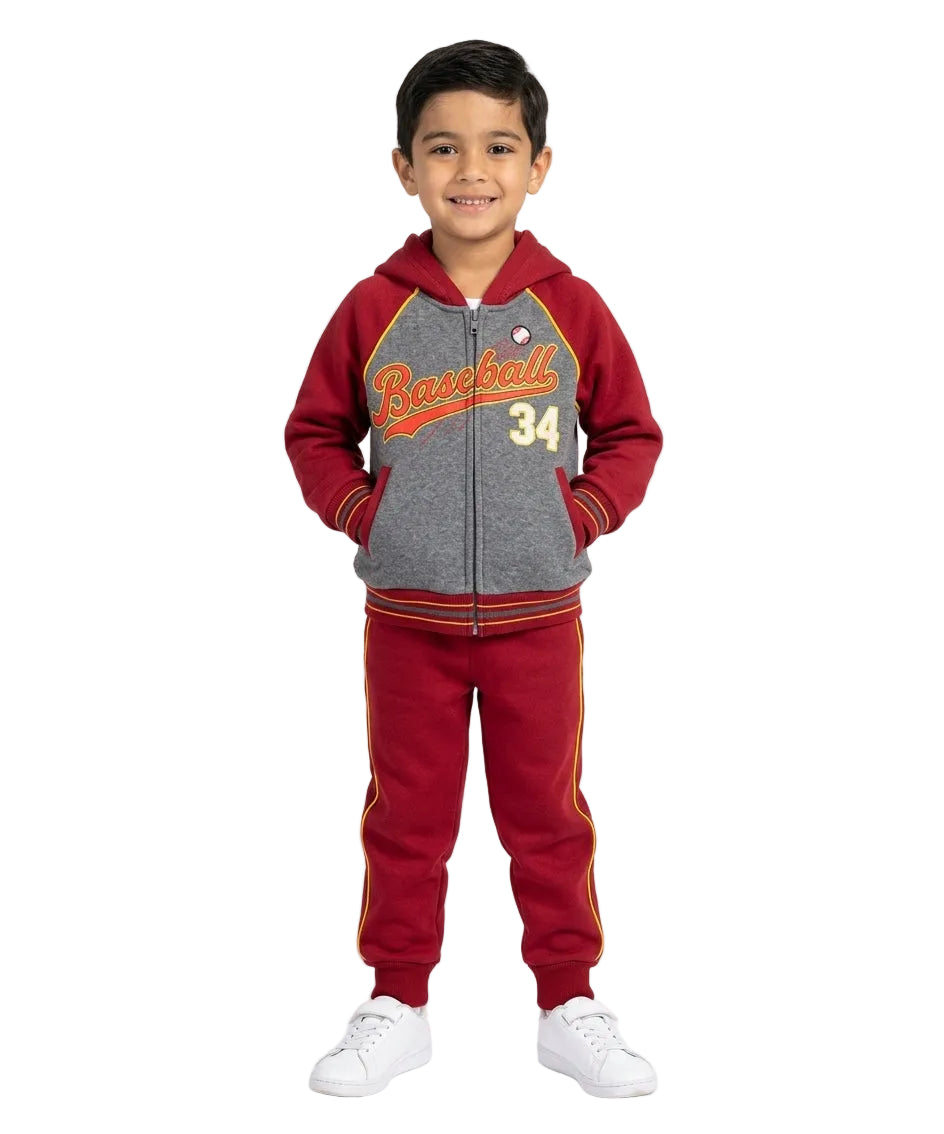 Boy Baseball Fleece Tracksuit - D. Red  (2-4) (5-8) (10-14) $10.00 Per Set. BW2345