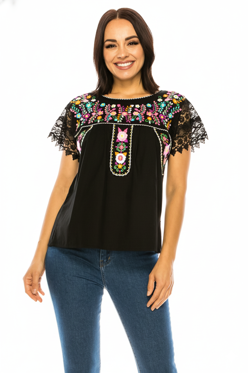 Traditional Black Mexican Women Blouse with Lace (S-XL) $8.5 and (2XL-3XL) $9.50 Per Piece. MT802