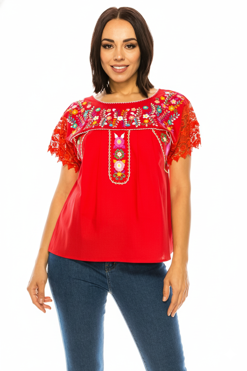 Traditional Red Mexican Women Blouse with Lace (S-XL) $8.5 and (2XL-3XL) $9.50 Per Piece. MT802
