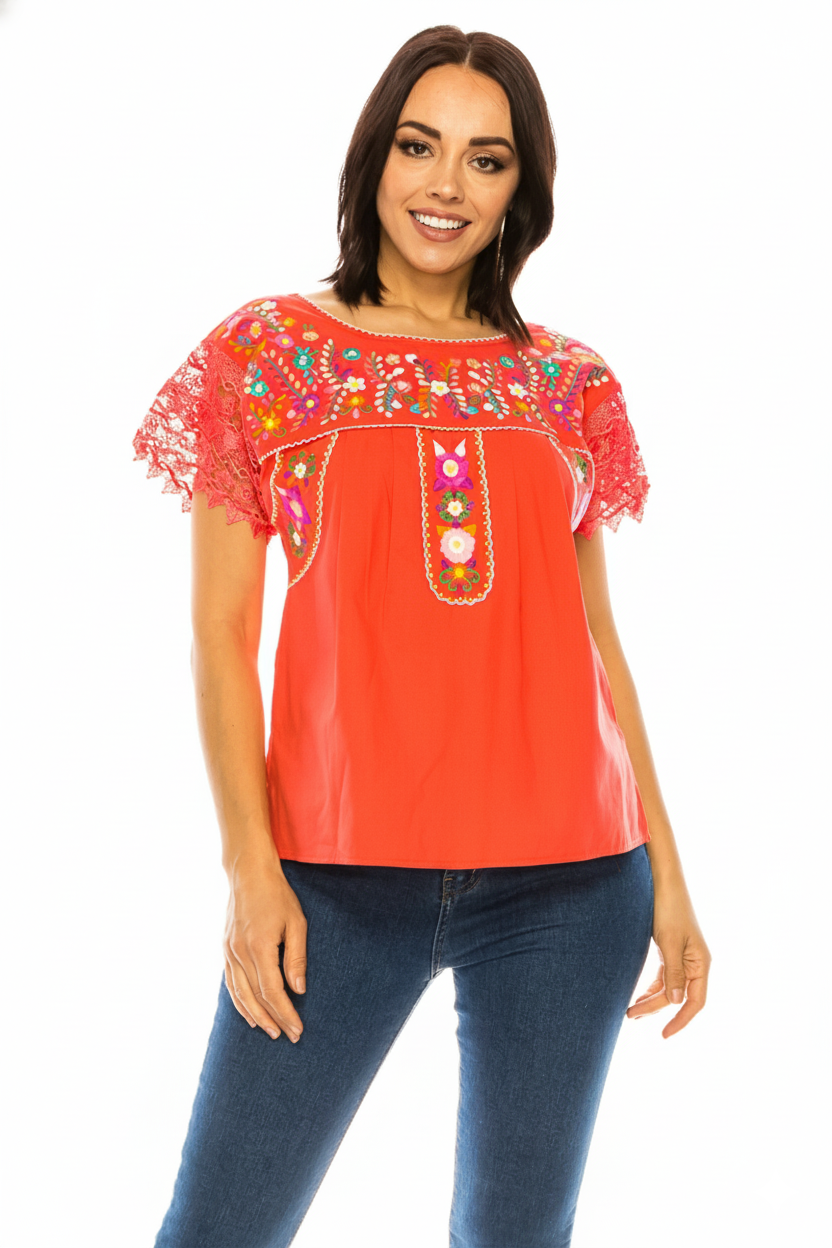 Traditional Coral Mexican Women Blouse with Lace (S-XL) $8.5 and (2XL-3XL) $9.50 Per Piece. MT802