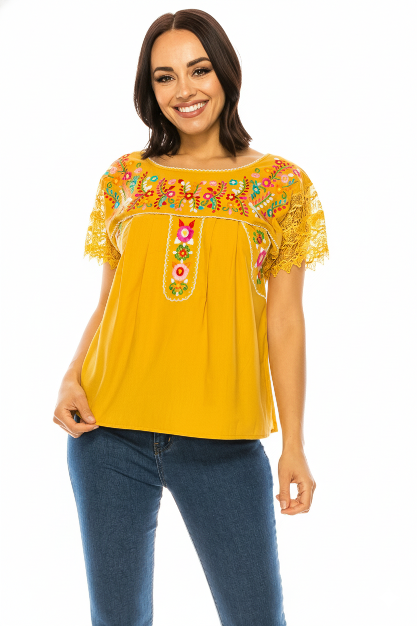 Traditional Honey Mexican Women Blouse with Lace (S-XL) $8.5 and (2XL-3XL) $9.50 Per Piece. MT802