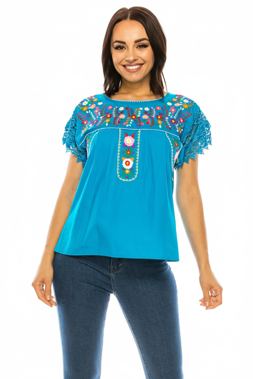 Traditional Turquoise Mexican Women Blouse with Lace (S-XL) $8.5 and (2XL-3XL) $9.50 Per Piece. MT802