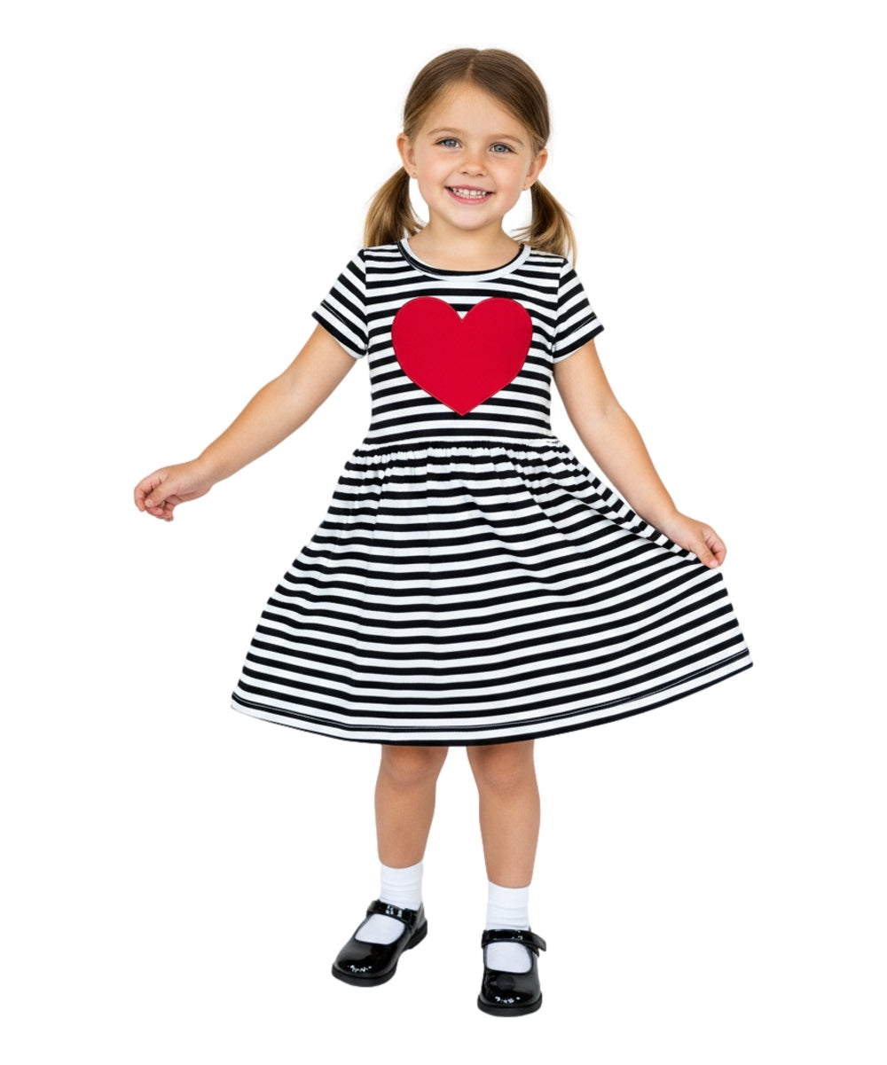 Modern Black Stripe Dress with Heart Applique 2-4, 5-8, $6 per piece. DR2241