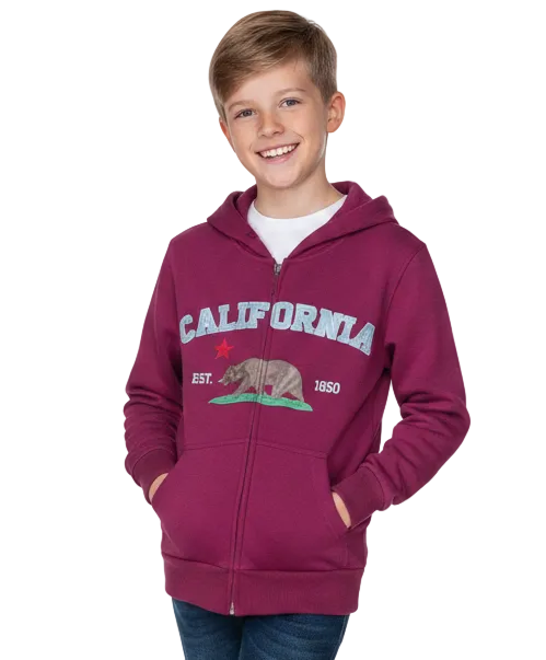 Kids California Zip Up Hoodie - Burgundy 4 Pack (S-XL) $9.00 Per Piece. KBT65