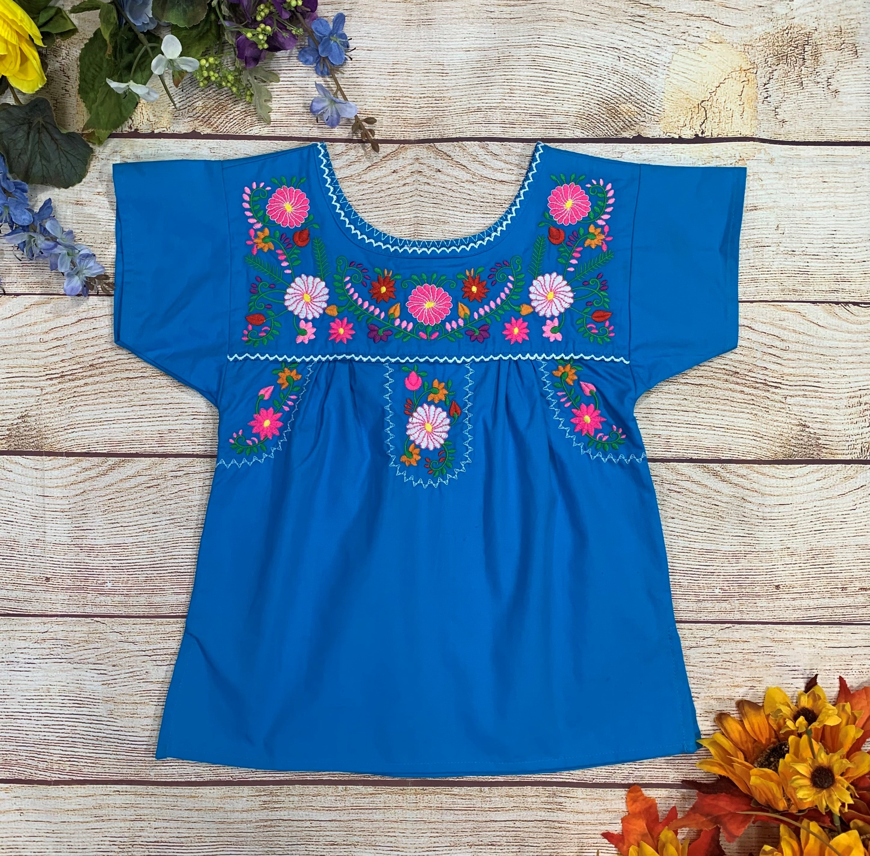 Traditional Puebla Tuquoise Mexican Youth Girl Embroidered Blouse (4-14) $7.50 Per Piece. MT800
