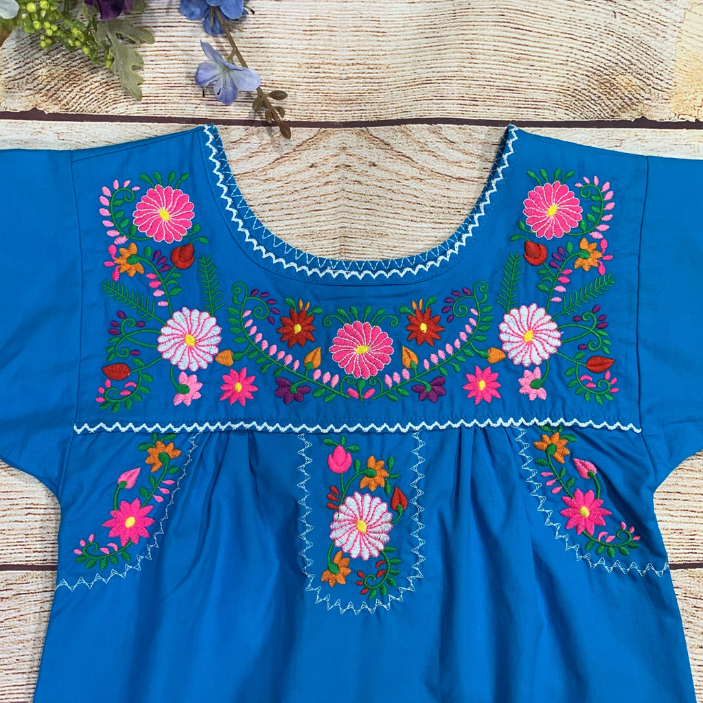 Traditional Puebla Tuquoise Mexican Youth Girl Embroidered Blouse (4-14) $7.50 Per Piece. MT800