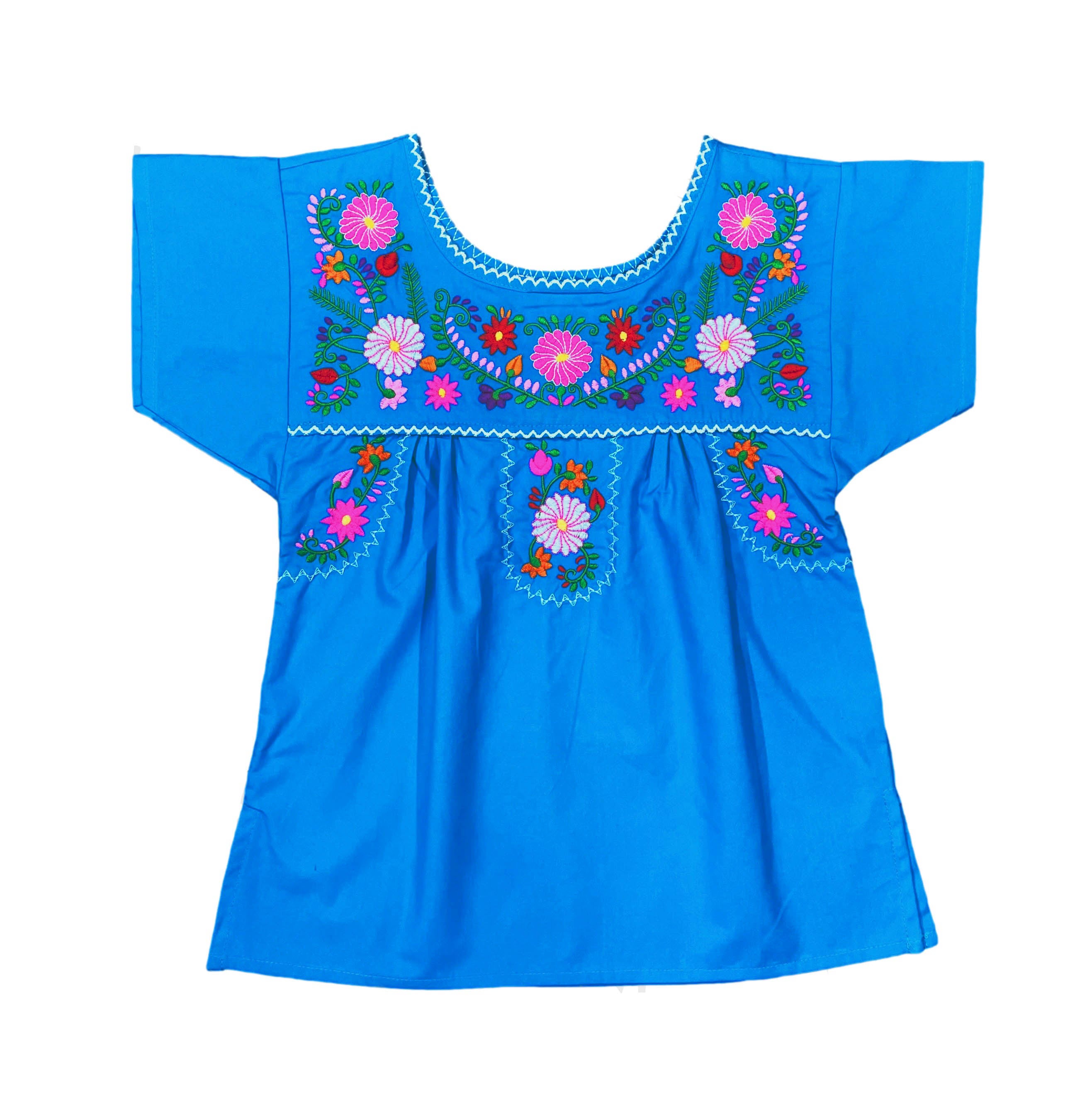 Traditional Puebla Tuquoise Mexican Youth Girl Embroidered Blouse (4-14) $7.50 Per Piece. MT800