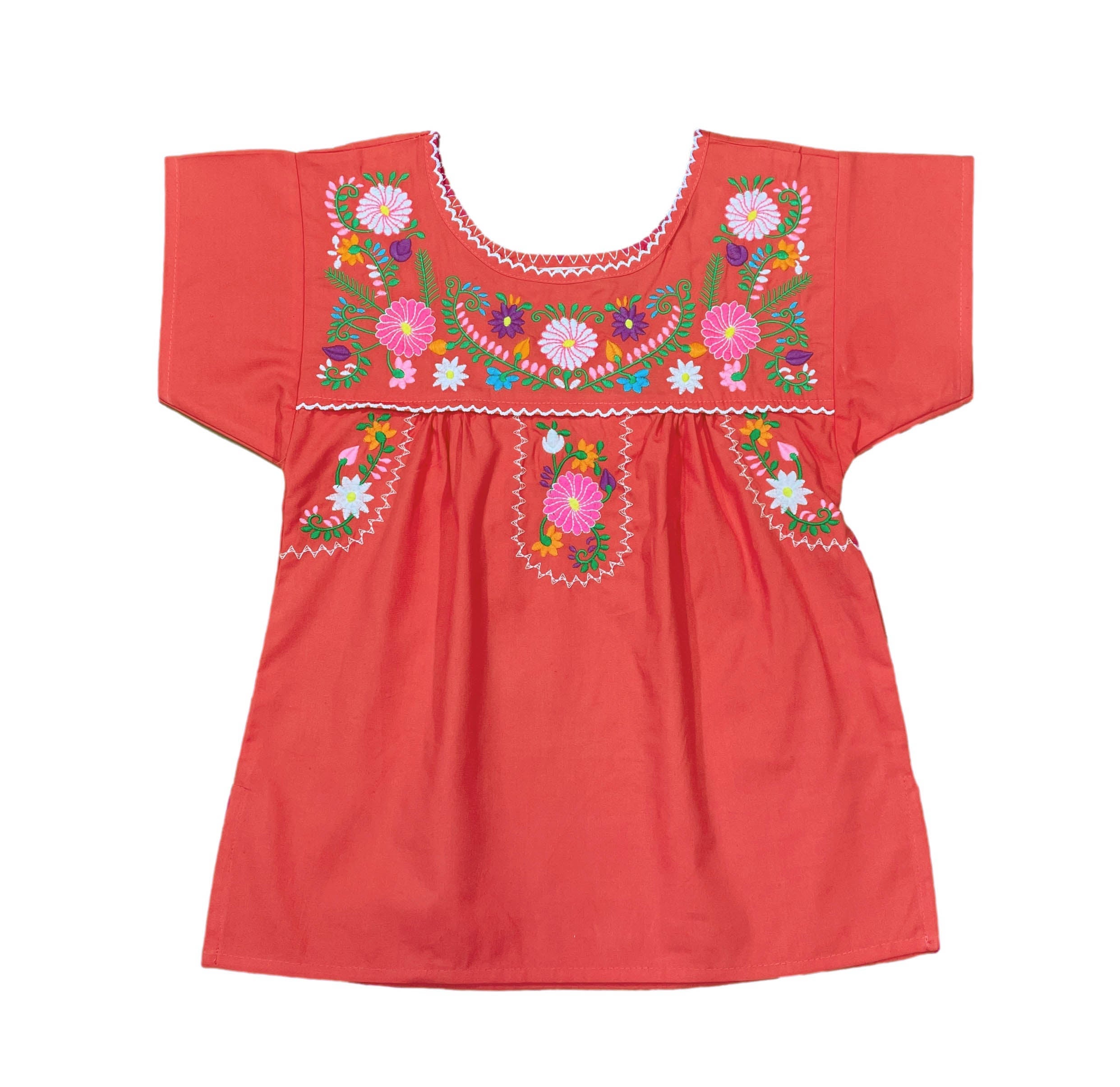 Traditional Puebla Coral Mexican Youth Girl Embroidered Blouse (4-14) $7.50 Per Piece. MT800