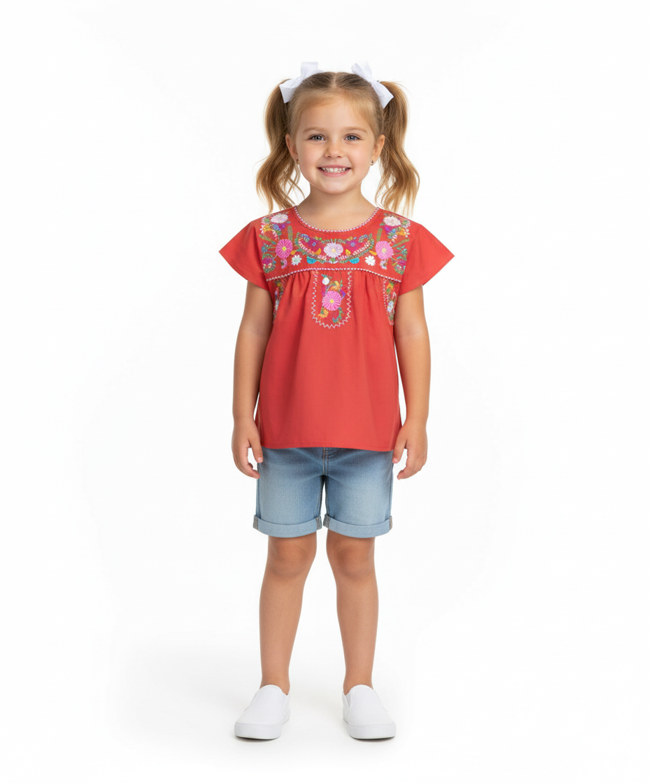 Traditional Puebla Coral Mexican Youth Girl Embroidered Blouse (4-14) $7.50 Per Piece. MT800
