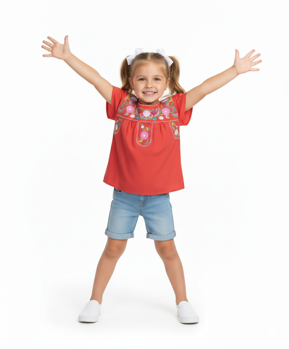 Traditional Puebla Coral Mexican Youth Girl Embroidered Blouse (4-14) $7.50 Per Piece. MT800