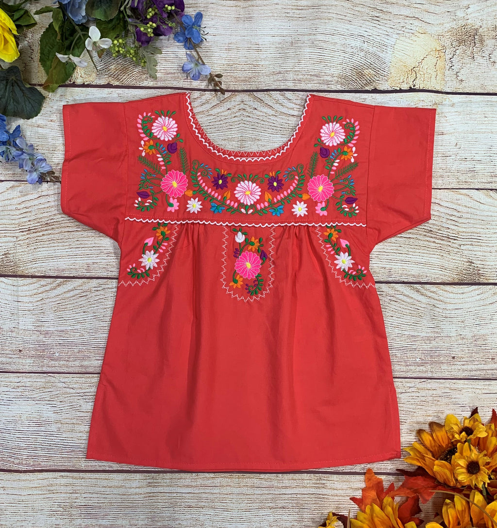 Traditional Puebla Coral Mexican Youth Girl Embroidered Blouse (4-14) $7.50 Per Piece. MT800
