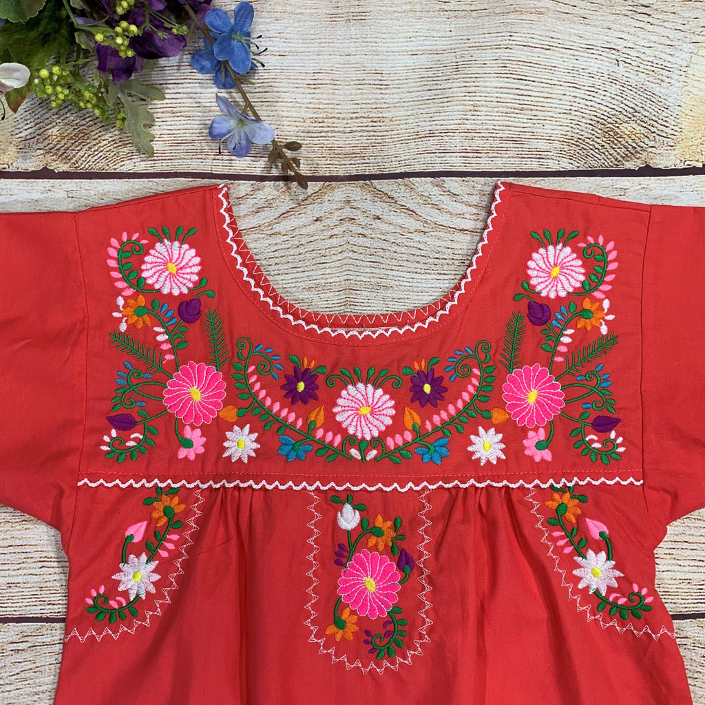 Traditional Puebla Coral Mexican Youth Girl Embroidered Blouse (4-14) $7.50 Per Piece. MT800
