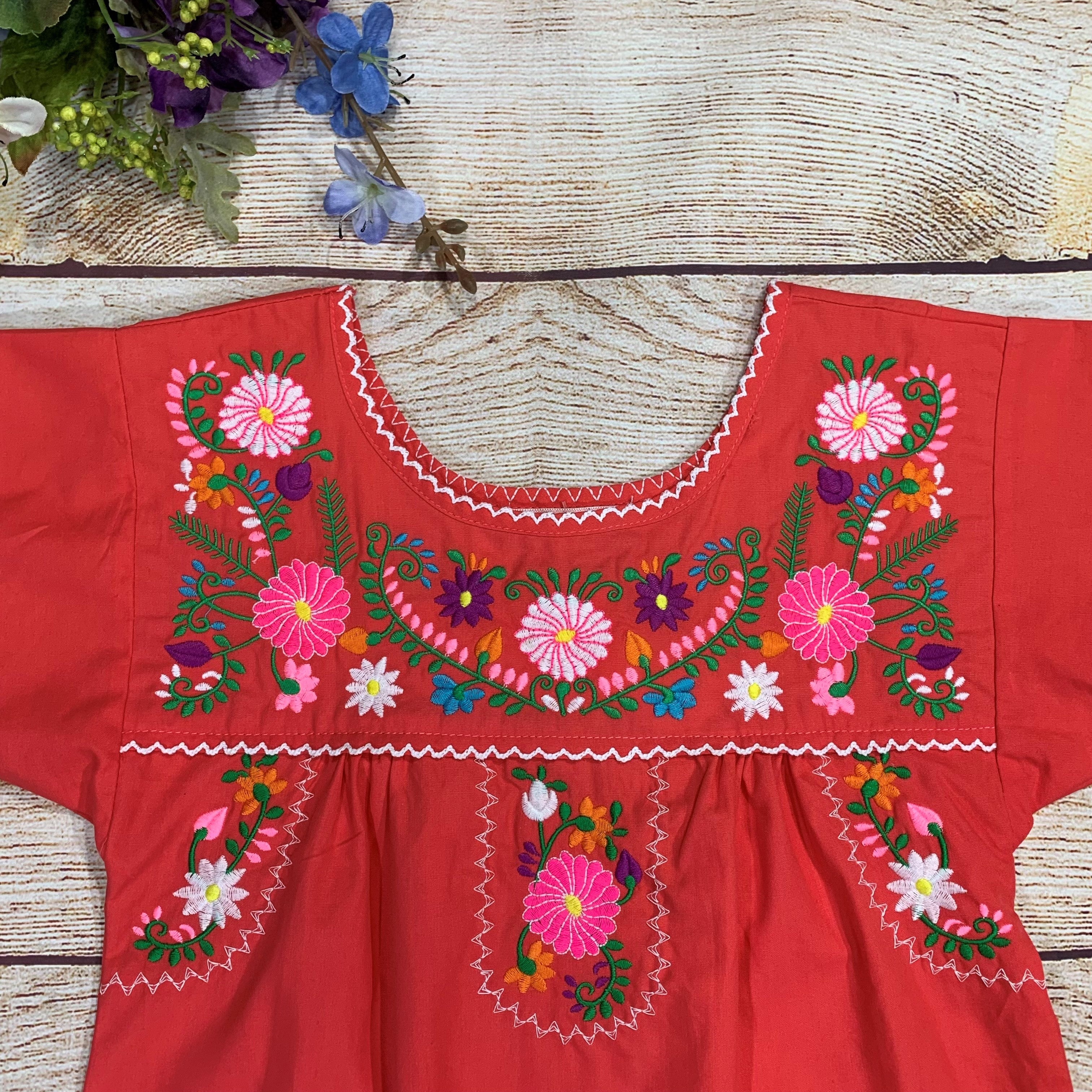 Traditional Puebla Coral Mexican Youth Girl Embroidered Blouse (4-14) $7.50 Per Piece. MT800