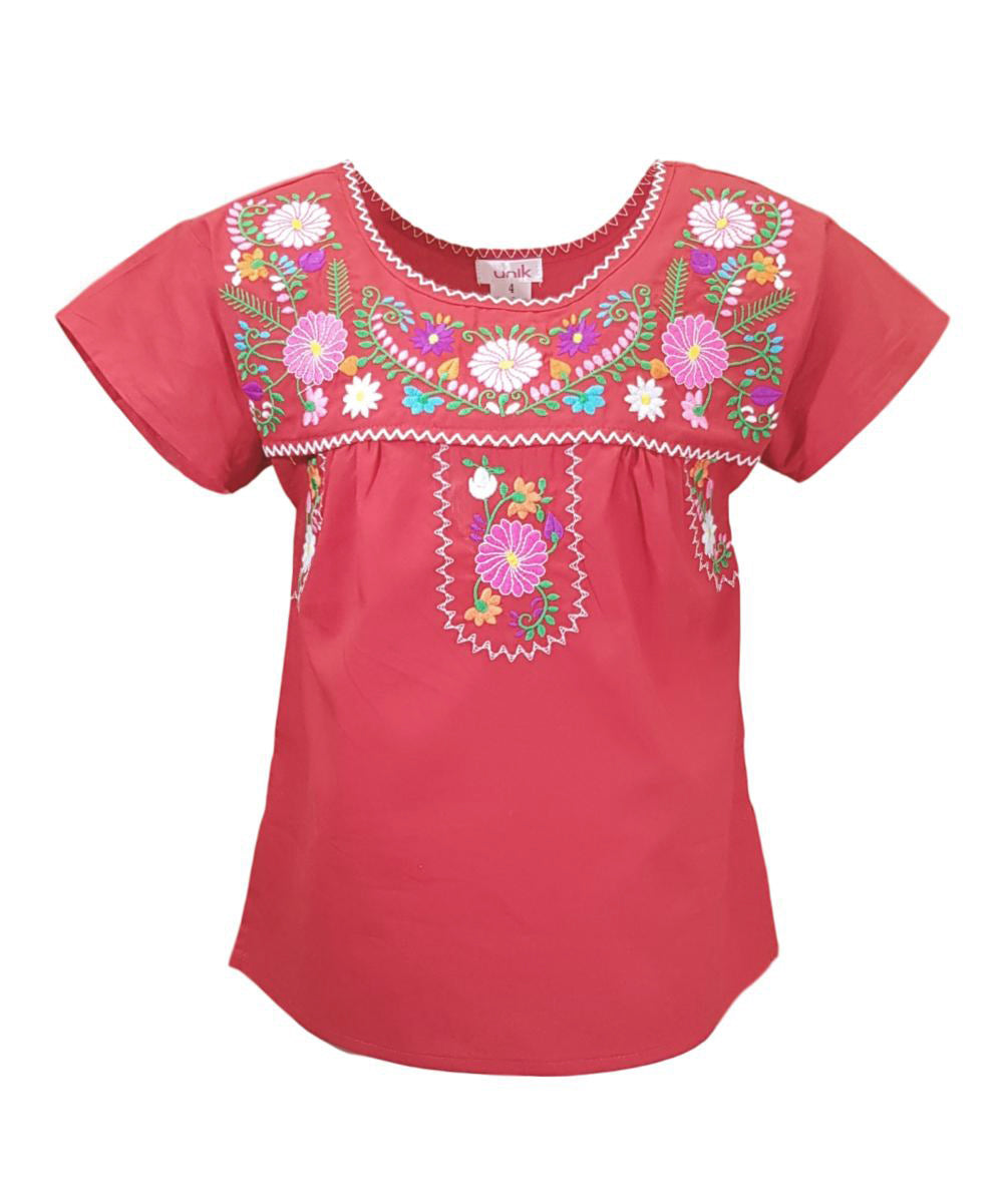 Traditional Puebla Coral Mexican Youth Girl Embroidered Blouse (4-14) $7.50 Per Piece. MT800