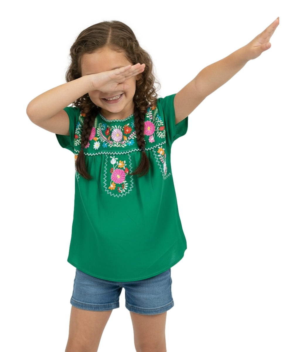 Girl Traditional Puebla Mexican Embroidered Blouse - Green (4-14) $7.50 Per Piece. MT800