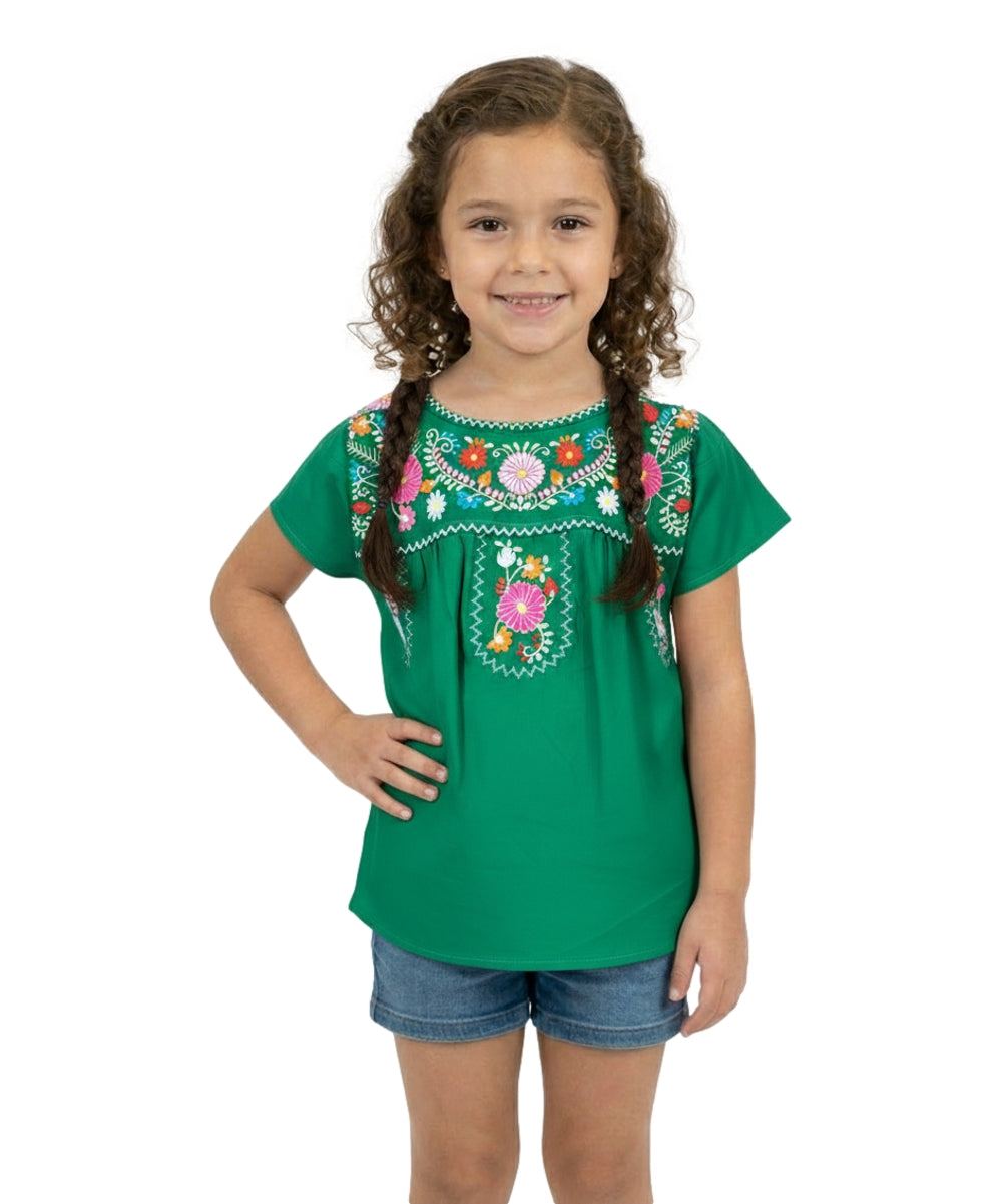 Girl Traditional Puebla Mexican Embroidered Blouse - Green (4-14) $7.50 Per Piece. MT800