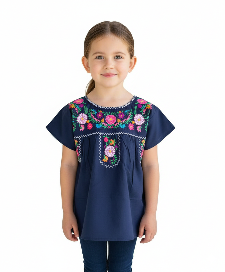 Traditional Puebla Navy Mexican Youth Girl Embroidered Blouse (4-14) $7.50 Per Piece. MT800
