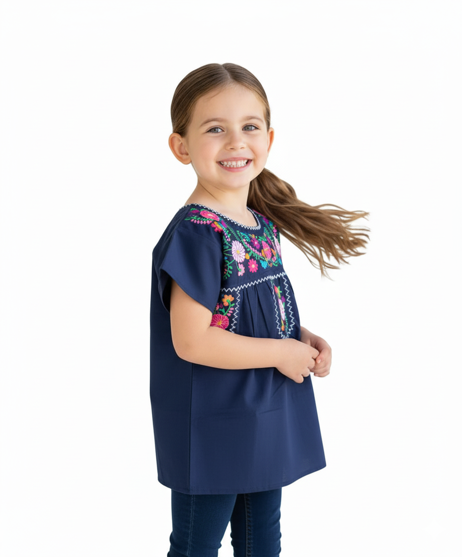 Traditional Puebla Navy Mexican Youth Girl Embroidered Blouse (4-14) $7.50 Per Piece. MT800