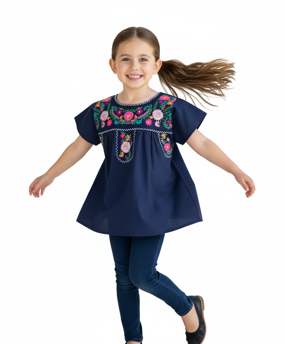 Traditional Puebla Navy Mexican Youth Girl Embroidered Blouse (4-14) $7.50 Per Piece. MT800