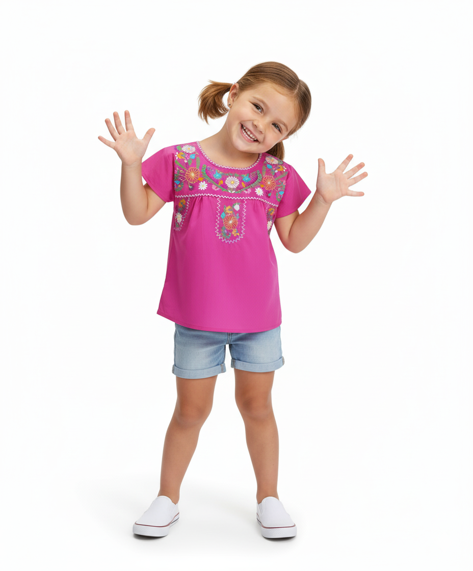 Traditional Puebla Pink Mexican Youth Girl Embroidered Blouse (4-14) $7.50 Per Piece. MT800