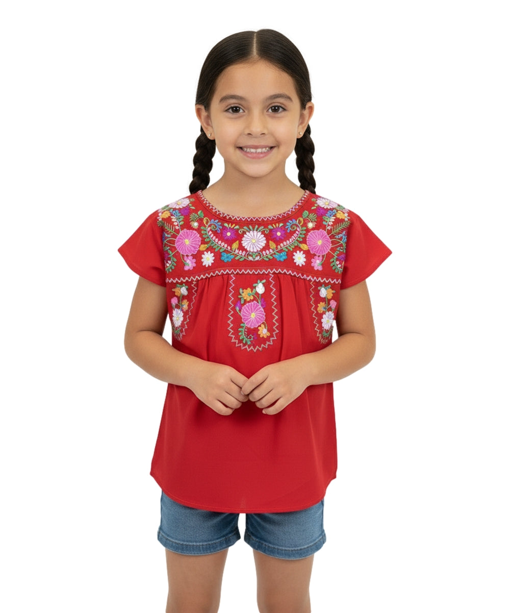 Traditional Puebla Red Mexican Youth Girl Embroidered Blouse (4-14) $7.50 Per Piece. MT800