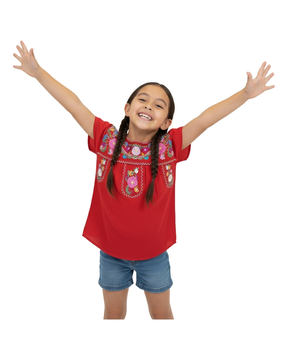 Traditional Puebla Red Mexican Youth Girl Embroidered Blouse (4-14) $7.50 Per Piece. MT800